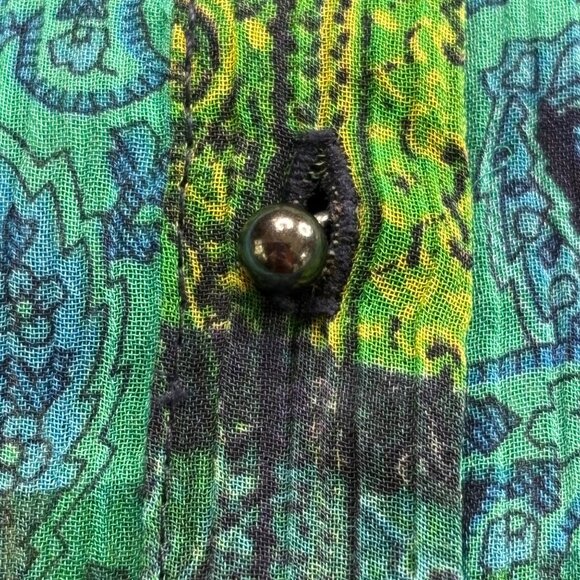 Liz Claiborne Top Womens L Green Blue Paisley Popover Blouse Sheer Silver Button - Picture 6 of 13